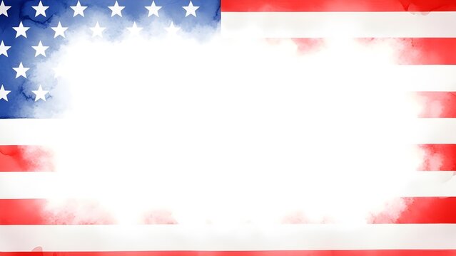 July 4th background, red white and blue colors with soft faded watercolor border texture design and blank white center, veteran's day or memorial day patriotic color background