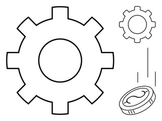 Large gear with smaller gear and a falling coin suggesting financial efficiency, productivity, and innovation. Ideal for business growth, industrial process, investment, teamwork, finance