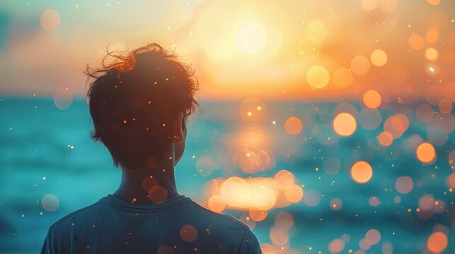 Young Man Gazing at a Serene Sunset Over the Ocean with Sparkling Bokeh Lights - Powered by Adobe