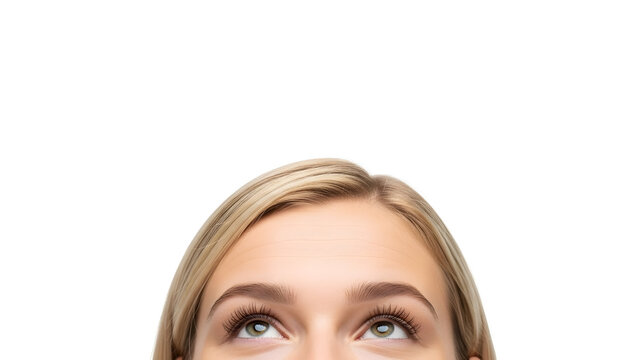 Close-up of Young Woman Looking Up with Curious Green Eyes on White Background – Thinking Expression