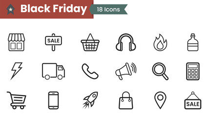Black Friday line icon set. Black Friday Shopping store, sign board, Shopping bag, Delivery Truck, Basket, Magnifying glass, Location pin, and Bag minimal outline vector designs.