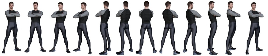 3D Render : standing young handsome man character wearing exercise outfit and cross his arms in different angles, isolated, PNG transparent,for graphic resources