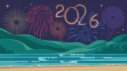 Happy new year 2026 celebration firework display over sea against starry sky