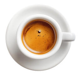 Naklejka premium White cup of espresso coffee with crema foam on saucer viewed from above, isolated on transparent background