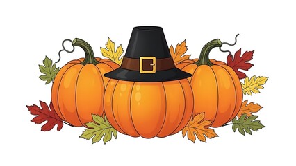 A festive autumn illustration featuring three ripe pumpkins, one adorned with a traditional Pilgrim hat, surrounded by colorful fall leaves for Thanksgiving