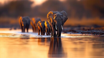 A herd of adult and young elephants walks through shallow water during a golden sunset, their reflections shimmering on the surface.