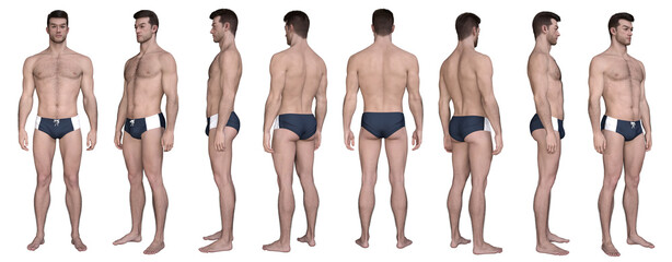 3D Render : standing young handsome muscular man character wearing blue swimming trunks in different angles, isolated, PNG transparent,for graphic resources