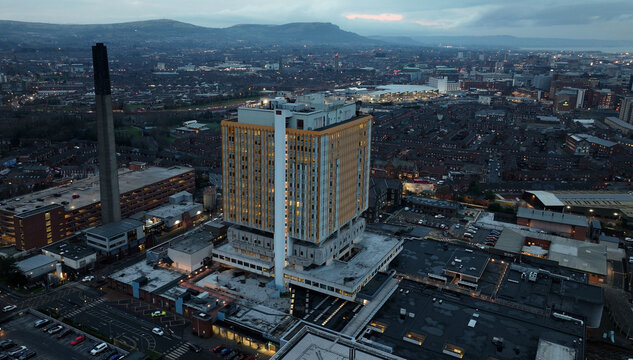 Aerial view of Belfast City Hospital and Macmillan Cancer Information Support Centre Belfast City Northern Ireland at night
