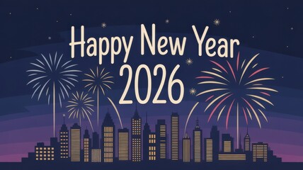 Happy new year 2026 celebration with fireworks over city skyline