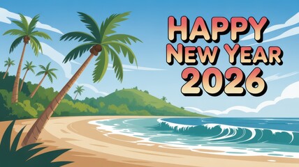 Happy new year 2026 island beach landscape with palm trees and ocean waves