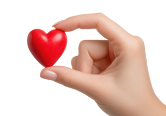 Human hand gently holding small glossy red heart symbol between fingers, isolated on transparent background