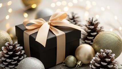 Elegant Holiday Gift Box with Gold Ornaments and Pine Cones