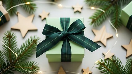 Festive green gift box with a dark ribbon, nestled among fir branches, wooden stars, and twinkling lights, symbolizing the joy and spirit of the winter holidays