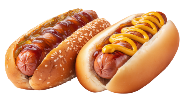 Two grilled hot dogs in buns with yellow mustard zigzag drizzle topping, isolated on transparent background