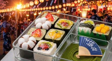 Japaneese cheesecake A delightful assortment of sushi and traditional Japanese sweets is beautifully presented in a clear container, set against a vibrant backdrop of a summer festival.