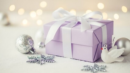 Elegant lavender gift box with a white silk ribbon, surrounded by shimmering silver Christmas ornaments and snowflakes for a festive holiday celebration