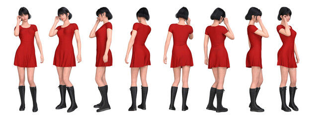 3D Render : standing young pretty woman character wearing red skirt dress in different angles, isolated, PNG transparent ,for graphic resources