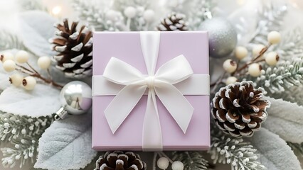 Elegant Gift Box with White Bow Surrounded by Winter Foliage and Festive Decorations