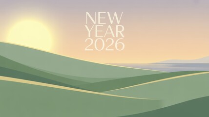 Illustration of new year 2026 on peaceful landscape with hills and sunrise