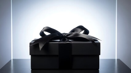 Elegant black gift box with a satin ribbon on a reflective surface