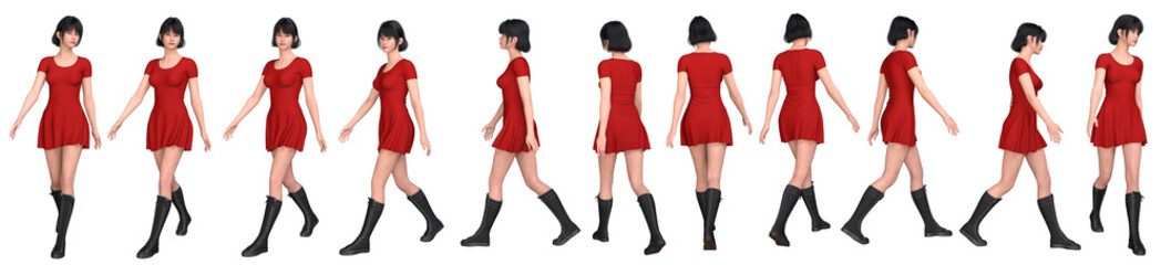 3D Render : walking young pretty woman character wearing red skirt dress in different angles, isolated, PNG transparent, for graphic resources