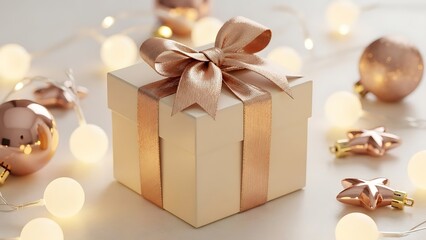 Elegant gift box with a delicate ribbon, surrounded by warm twinkling lights and festive rose gold decorations, ideal for holiday celebrations and joyful moments