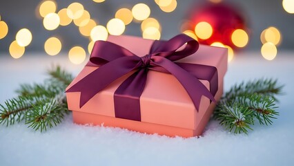 A wrapped gift box with purple ribbon, fir branch and bokeh lights background