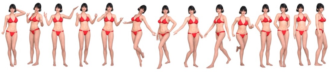 3D Render : young pretty woman character wearing red swimsuit in different action, isolated, PNG transparent, for graphic resources