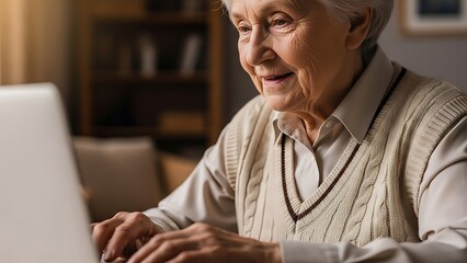 Elegant senior woman with a warm smile skillfully navigates the digital world on her laptop at home