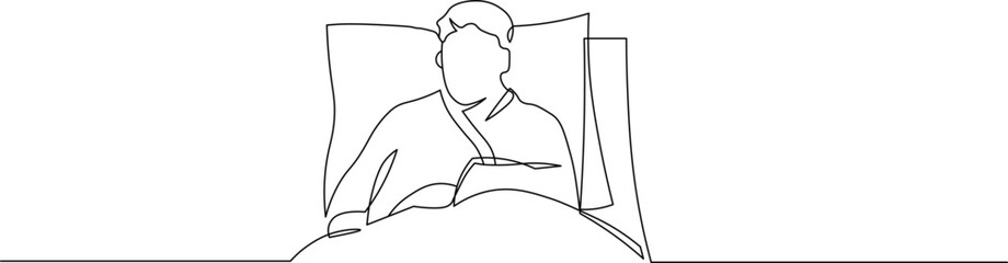 Minimalist one-line drawing of a person reading in bed for modern wall art or book illustration projects with a focus on simple elegance and clean design
