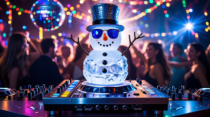 DJ Snowman Christmas Party Scene – Festive Holiday Nightlife Artwork
