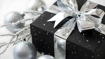 A luxurious black gift box with a large silver ribbon bow, surrounded by festive baubles and frosted branches for a winter holiday celebration