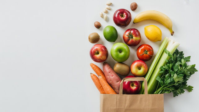 Fresh fruits and vegetables overflowing from a brown paper grocery bag