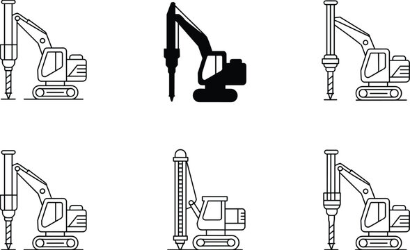 Construction Excavator Icons with Drilling Equipment and Silhouette Keywords: excavator, drill