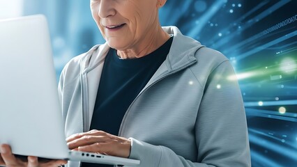 Focused senior individual adeptly using a laptop, navigating a dynamic digital world with glowing data streams and technological pathways, symbolizing modern connectivity and innovation