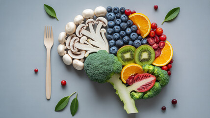 Healthy brain food arrangement featuring fruits and vegetables