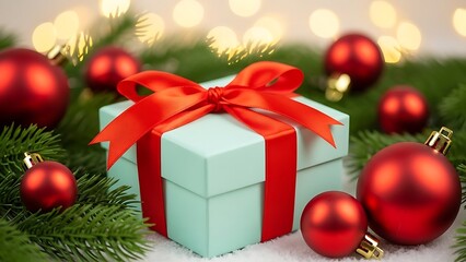 Festive Gift with Red Bow and Ornaments Amidst Evergreen Sprigs
