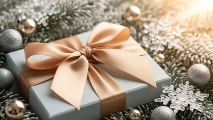 An elegantly wrapped gift box with a luxurious golden satin bow, nestled among frosted fir branches and shimmering festive ornaments for a holiday celebration