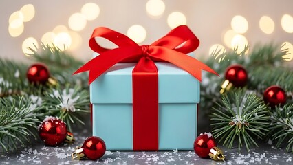 Festive blue gift box with a vibrant red ribbon, surrounded by sparkling holiday ornaments and fir branches, embodying the joyful spirit of winter celebrations