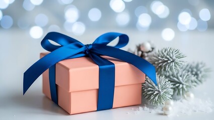 Beautifully wrapped pink present with a striking blue bow, set against a twinkling light background and winter decorations, evoking warmth and happiness for any special occasion