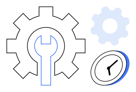 Gear with wrench inside, smaller gear, and clock symbolizing teamwork, repair, optimization, planning, deadlines, tools and efficiency. Ideal for business industry engineering productivity