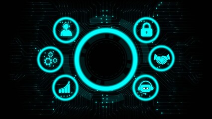 Abstract digital interface with glowing cyan icons on dark circuit board background technology