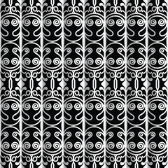 Black and White Ornamental Gradient Background. Metallic Silver Look with Vertical Swirl Elements for Luxury Design.