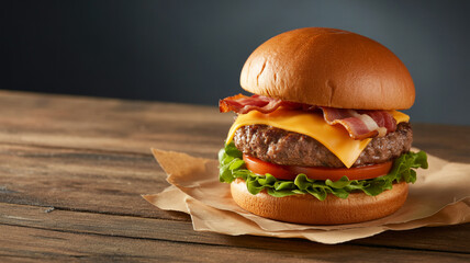 Juicy bacon cheeseburger with fresh lettuce and tomato