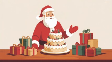 Santa claus with layered cake and holiday gifts presents on the table