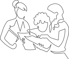 Dynamic minimalist line drawing shows collaborative business team reviewing document together offering a modern, professional look for corporate communications and teamwork designs
