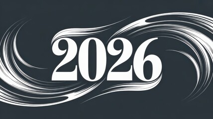 Year two thousand twenty six with abstract swirl on dark gray background