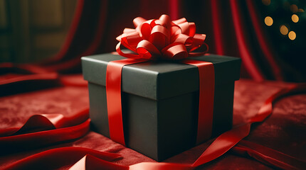 Black Gift Box with Red Ribbon – Elegant Christmas Present Photography
