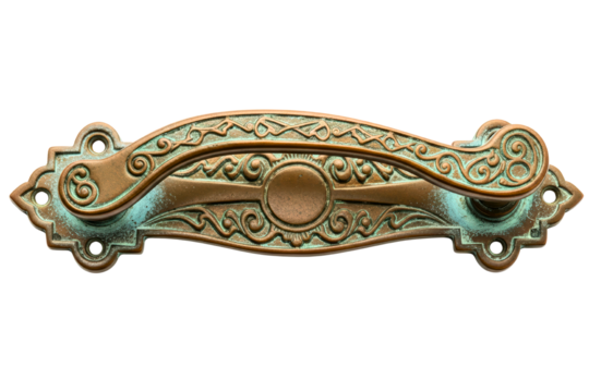 Vintage bronze drawer pull with decorative floral ornament and patina isolated on transparent background