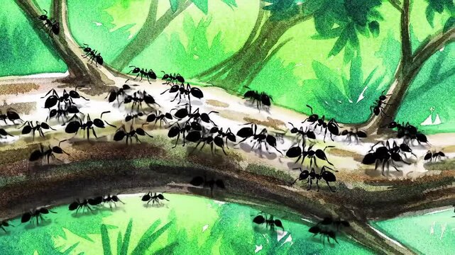 Watercolor illustration of ants marching on a branch, with green foliage background for nature themes